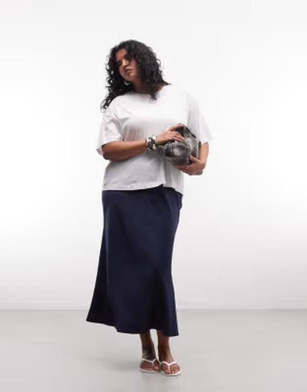 エイソス レディース ボトムスカート ミディ サテン ASOS Curve ASOS DESIGN Curve satin bias cut midi skirt Navy ネイビー