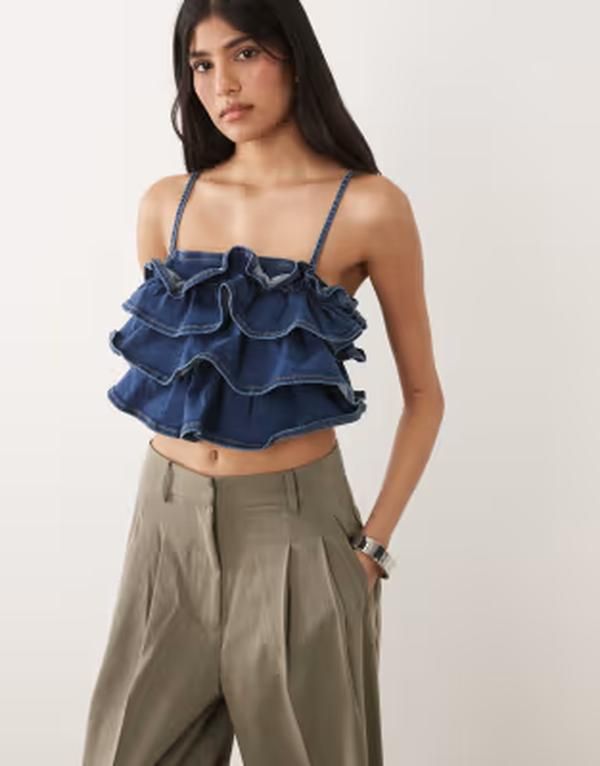 エイソス レディース トップス シャツ フリル デニム ASOS DESIGN denim ruffle bandeau top in dark mid blue part of a set DARK MID BLUE ブルー