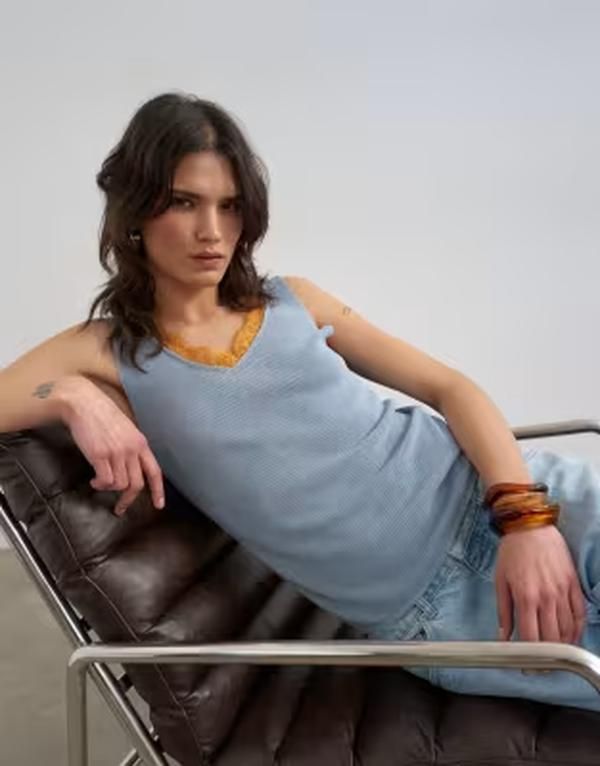 トップショップ レディース トップス ベスト コントラスト レース ニット Topshop knitank top with orange contrast lace BLUE ブルー