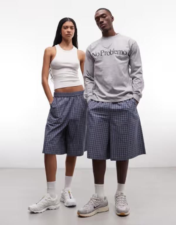 コルージョン レディース ボトムス ハーフパンツ・ショーツ ショートパンツ COLLUSION Unisex longline shorts check Blue check ブルー