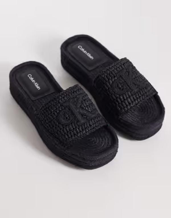 カルバンクライン レディース シューズ サンダル ジーンズ Calvin Klein Jeans raffia effect flatform espadrille sandals Black ブラック