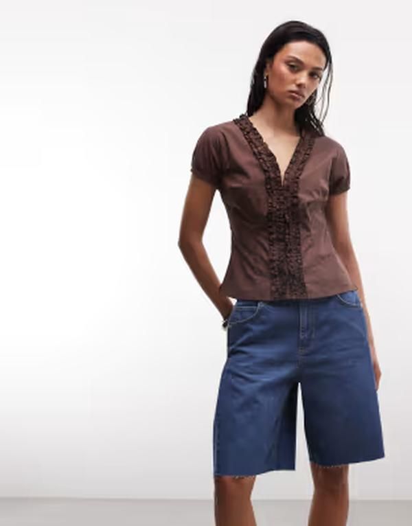 コルージョン レディース トップス シャツ ブラウス COLLUSION frill detail short sleeve blouse BROWN ブラウン