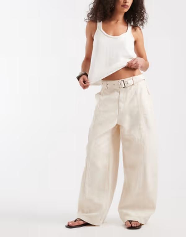 エイソス レディース ボトムス カジュアルパンツ ワイドレッグ ASOS DESIGN canvas wide leg pants with belt detail in stone BEIGE ベージュ