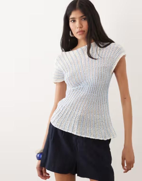 エイソス レディース トップス Tシャツ プリーツ ニット ASOS DESIGN crochet knit pleated top stripe Blue ブルー