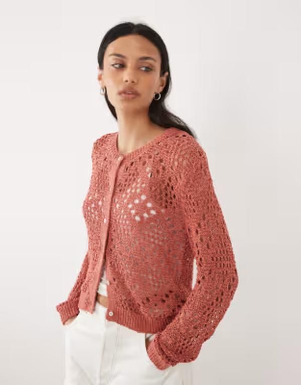 マンゴ レディース アウター カーディガン Tシャツ Mango Teen crochet cardigan in rose