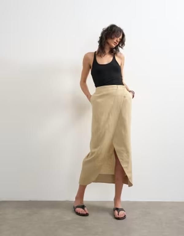 トップショップ レディース ボトムスカート リネン マキシ Topshop linen mix wrap maxi skirt in taupe トープ