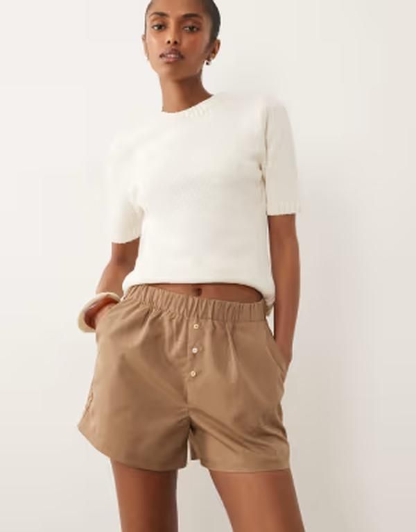 スリードベア レディース ボトムス ハーフパンツ・ショーツ ショートパンツ コットン Threadbare cotton poplin boxer style shorts in taupe トープ