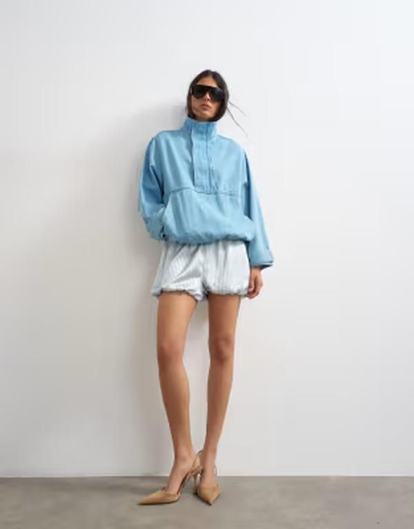 トップショップ レディース ボトムス ハーフパンツ・ショーツ ショートパンツ サテン Topshop satin bubble shorts plaid Blue check ブルー