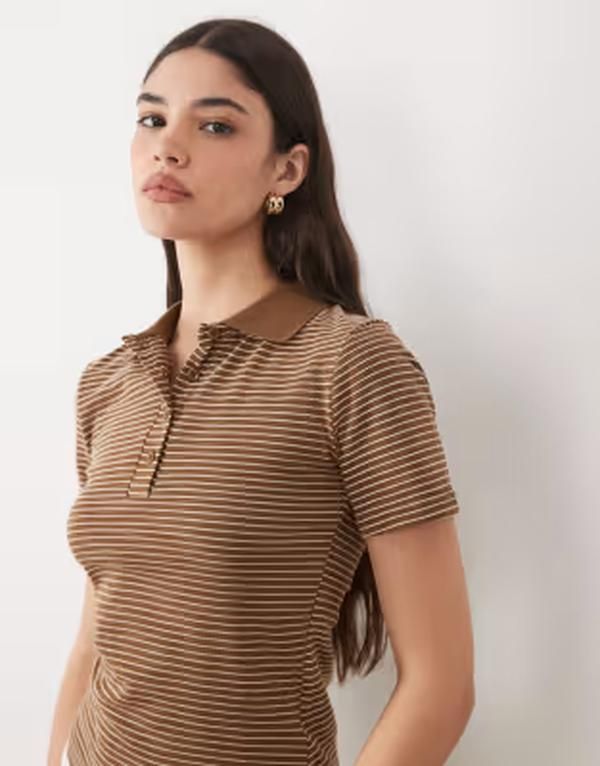 ブレーブソウル レディース トップス ポロシャツ ジャージー Brave Soul short sleeve jersey polo top and cream stripes BROWN ブラウン