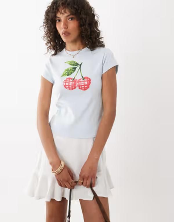 ミスセルフフリッジ レディース トップス シャツ ギンガムチェック プリント ギンガム Misselfridge baby tee with gingham cherry print BLUE ブルー