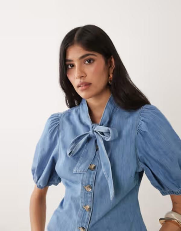 ミスセルフフリッジ レディース トップス シャツ デニム Misselfridge tie neck puff sleeve denim top in mid blue wash Mid Wash デニム