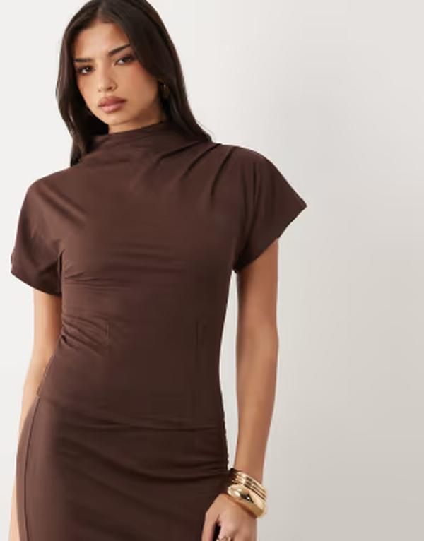 エイソス レディース トップス シャツ ハイネック ドレープ リネン ASOS DESIGN linen look draped high neck top part of a set Brown ブラウン