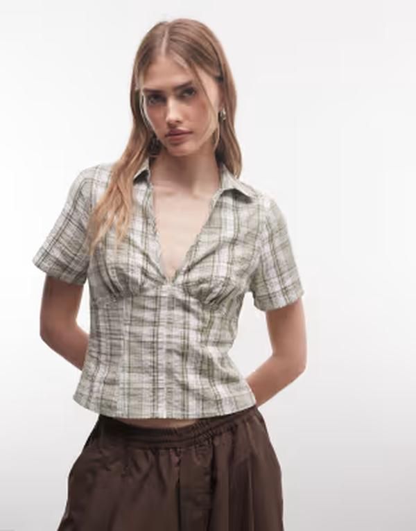 コルージョン レディース トップス シャツ ウエストマーク COLLUSION fitted cinched waist shirt plaid GREEN グリーン