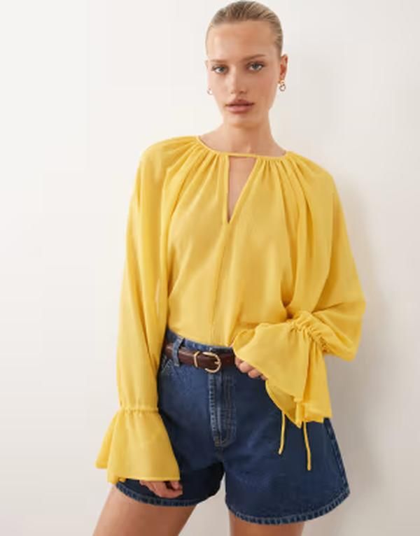 エイソス レディース トップス シャツ シフォン ケープデザイン キャップ ケープ ブラウス ASOS DESIGN cape detail chiffon blouse in chartreuse シャルトリューズ