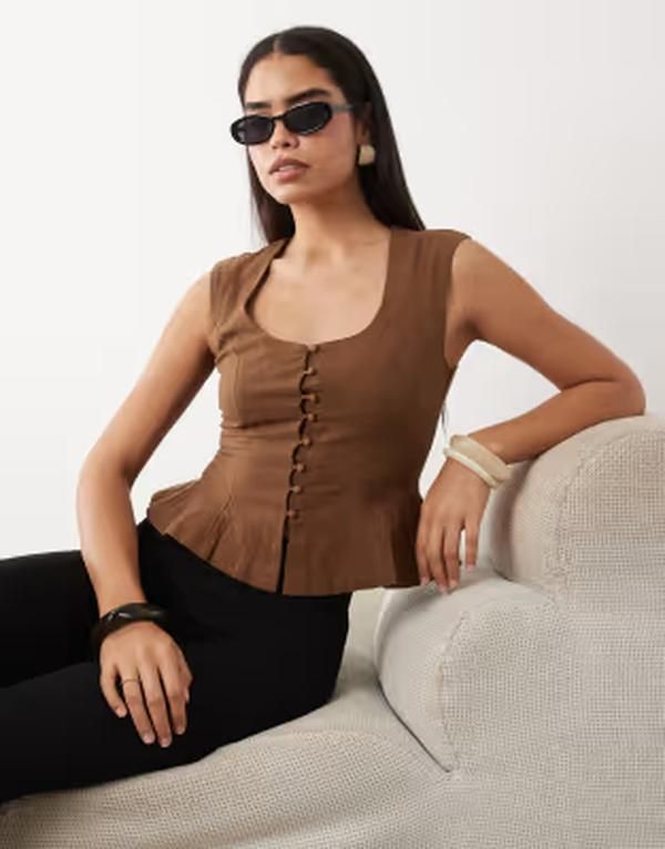 エイソス レディース トップス シャツ ベスト ASOS DESIGN scoop detail vest brown ブラウン