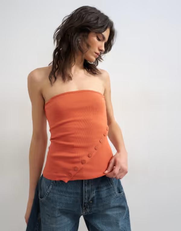 トップショップ レディース トップス タンクトップ Topshop bandeau button detail top in coral コーラル