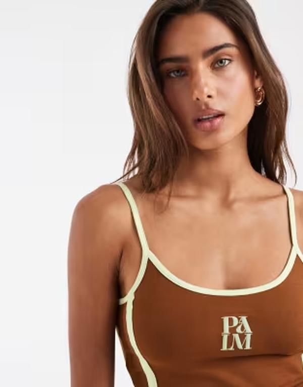 エイソス レディース トップス ベスト コントラスト グラフィック ASOS DESIGN Contrastrap cami with Palm graphic in chocolate and pistachio BROWN ブラウン