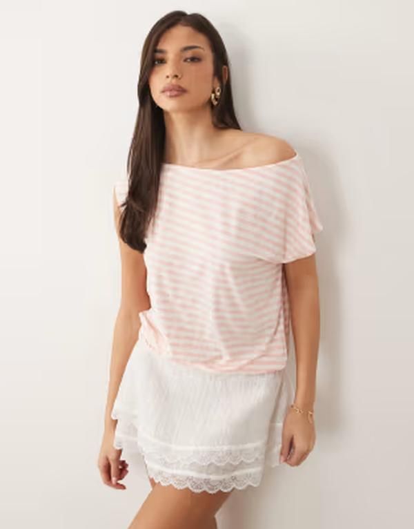 エイソス レディース トップス Tシャツ ASOS DESIGN slub off shoulder cinched top and white stripes RED WHITE STRIPE ホワイト