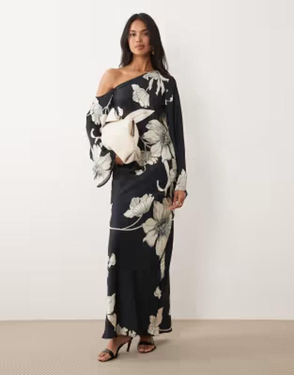エイソス レディース トップス ワンピース フラワー柄 プリント マキシ フラワー ASOS DESIGN fallen shoulder long sleeve column maxi dress in mono floral print Mono flor