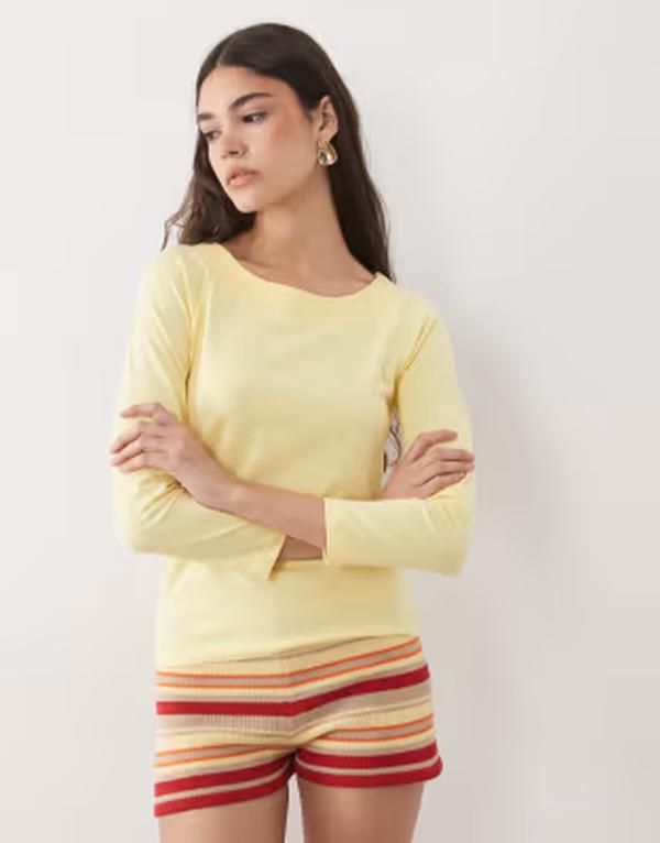 エイソス レディース トップス Tシャツ ASOS DESIGN boat neck 34 sleeve top in pastel yellow Pastel Yellow イエロー