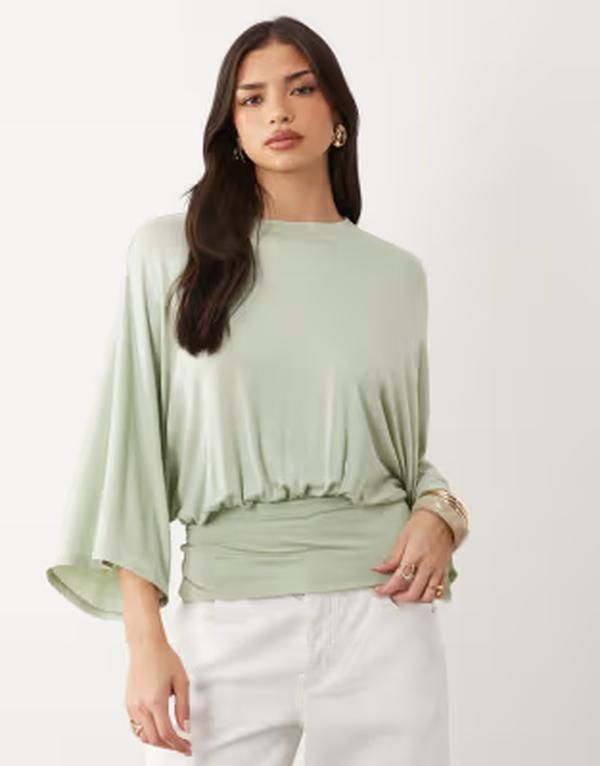 エイソス レディース トップス Tシャツ ウエストマーク ASOS DESIGN batwing sleeve cinched waistop in sage セージ