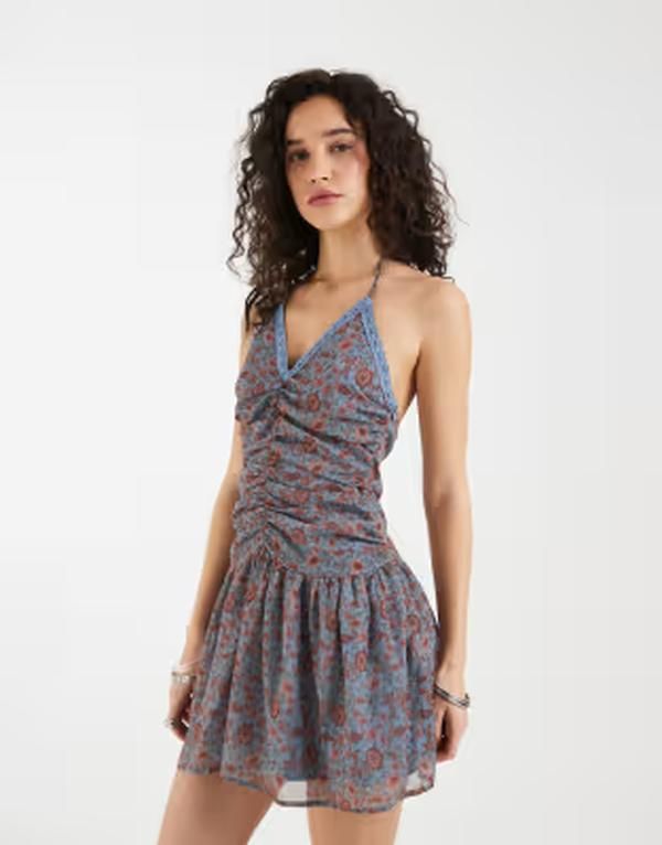 モーテル レディース トップス ワンピース シフォン ギャザー ミニ ホルター Motel Emika chiffon ruched halter mini dress in blossom BLUE ブルー