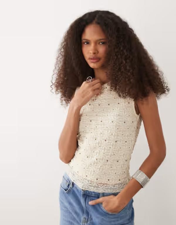 マンゴ レディース トップス シャツ ノースリーブ Mango Pati studded sleeveless top in cream BEIGE ベージュ