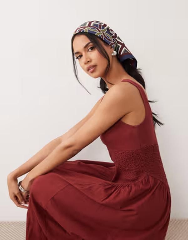 エイソス レディース トップス ワンピース ミディ ASOS DESIGN square neck panel detail crinkle midi dress rust Brown rust ラスト