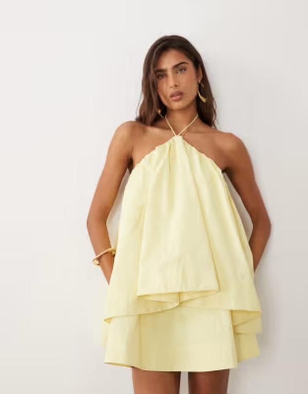 エイソス レディース トップス ワンピース ミニ ホルター ASOS DESIGN halter neck trapeze mini dress in soft yellow イエロー