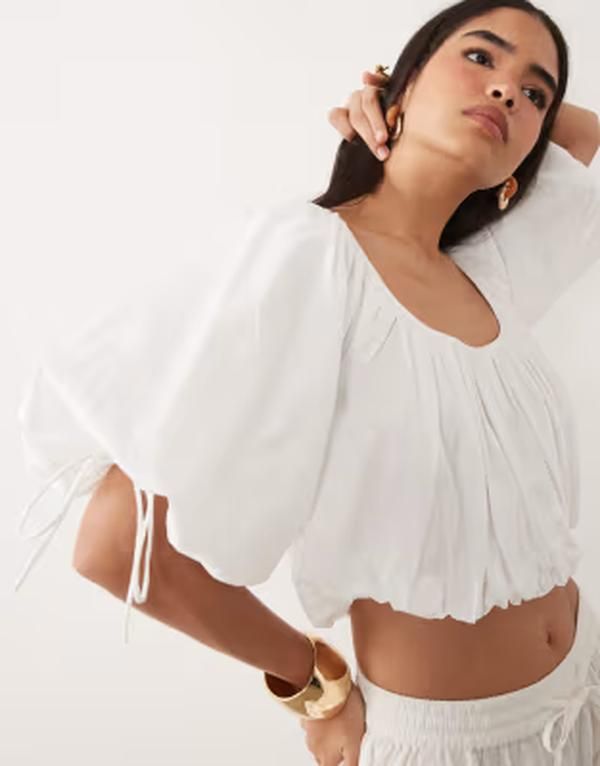 エイソス レディース トップス シャツ コットン クロップド ASOS DESIGN puff sleeve cropped cotton top White ホワイト