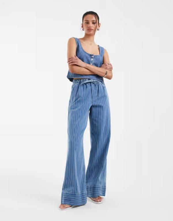 エイソス レディース ボトムス デニムパンツ ワイドレッグ ジーンズ ASOS DESIGN pullon wide leg jeans with stripe ストライプ