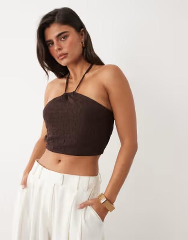 エイソス レディース トップス シャツ フリル ホルター ASOS DESIGN textured ruffle halter top in chococlate part of a set BROWN ブラウン