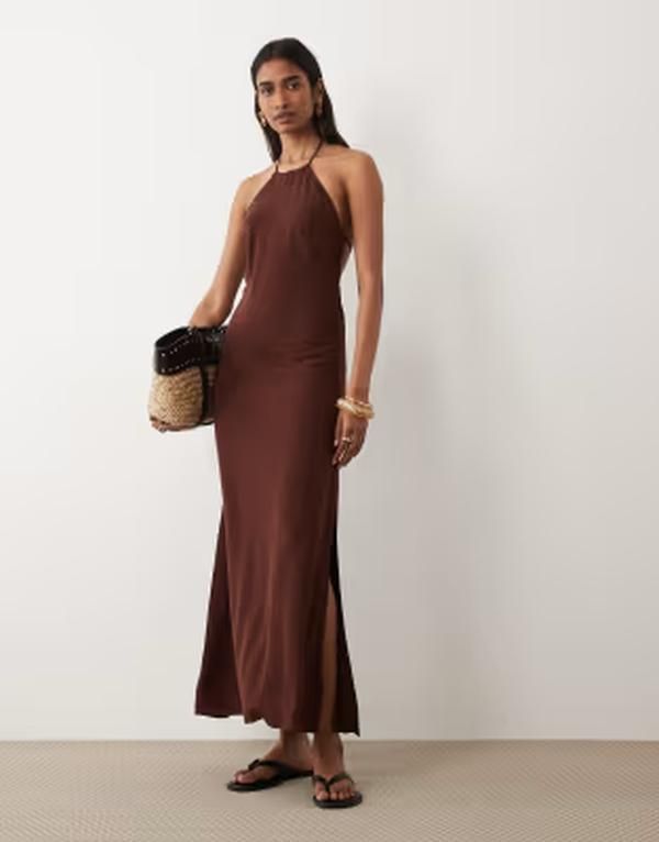 ミスセルフフリッジ レディース トップス ワンピース リネン マキシ ホルター Misselfridge linen mix halter maxi dress in chocolate チョコレート