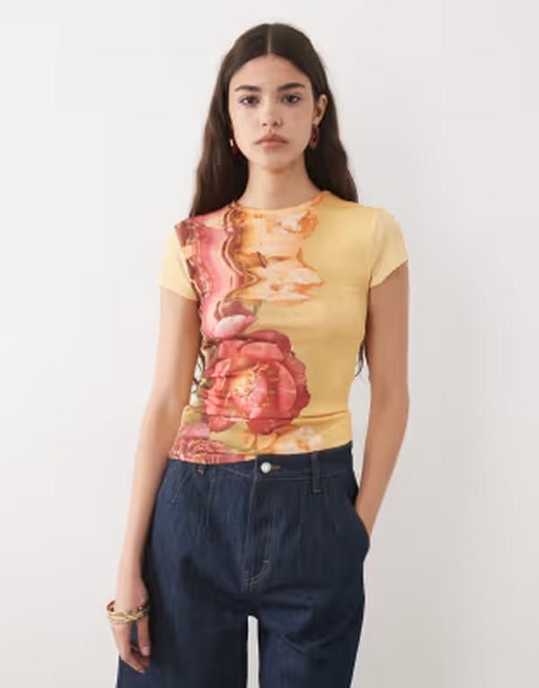 エイソス レディース トップス Tシャツ フラワー柄 プリント メッシュ フラワー ASOS DESIGN textured meshort sleeve baby tshirt with floral print Floral Print ブルー エイソス レディース トップス Tシャツ フラワー柄 プリント メッシュ フラワー ASOS DESIGN textured meshort sleeve baby tshirt with floral print Floral Print ブルー