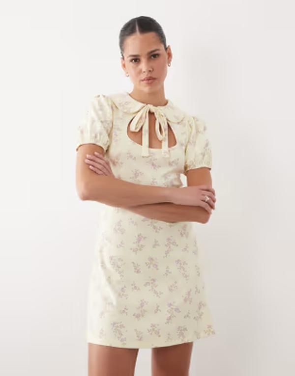ミスセルフフリッジ レディース トップス ワンピース フラワー柄 プリント ミニ フラワー Misselfridge floral printed mini rib mini dress with peter pan collar YELLOW FLORAL