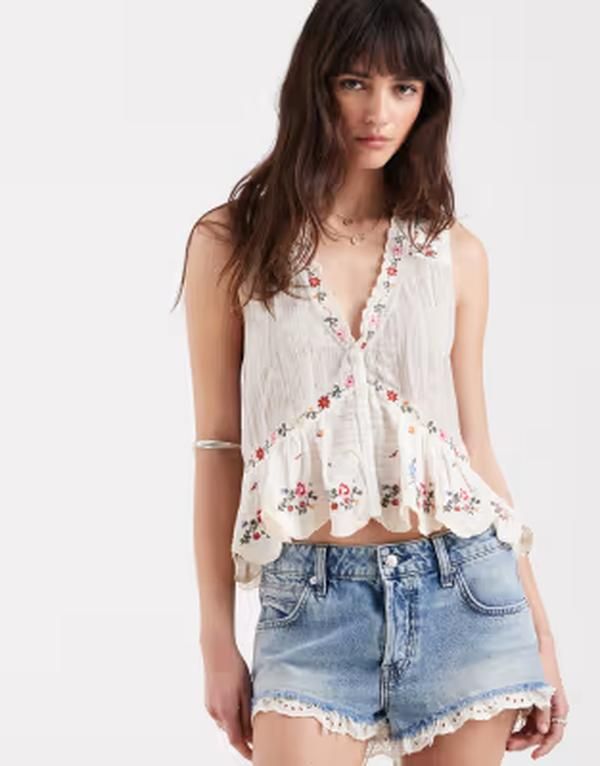 フリーピープル レディース トップス シャツ 刺繍 ブラウス Free Peoplellis blouse with embroidered flowers Tea Combo アイボリー