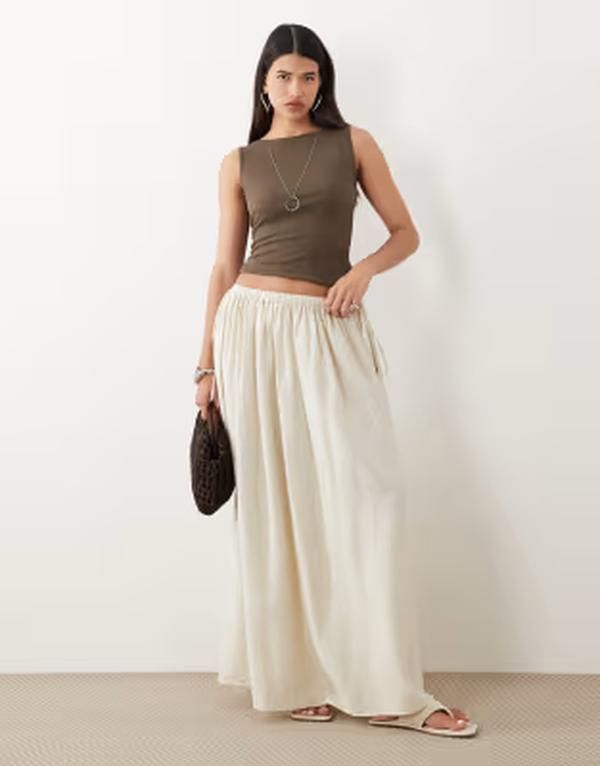 エイソス レディース ボトムスカート マキシ ASOS DESIGN tie waist soft crinkle maxi skirt in oyster