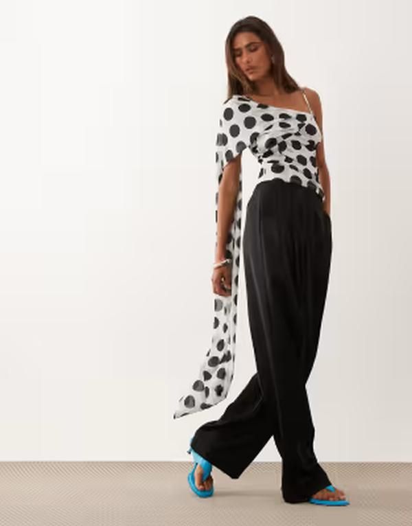 エイソス レディース トップス シャツ ドット柄 シフォン ドット ASOS DESIGN stretchiffon scarf wrap top in mono polka dot WHITE ホワイト