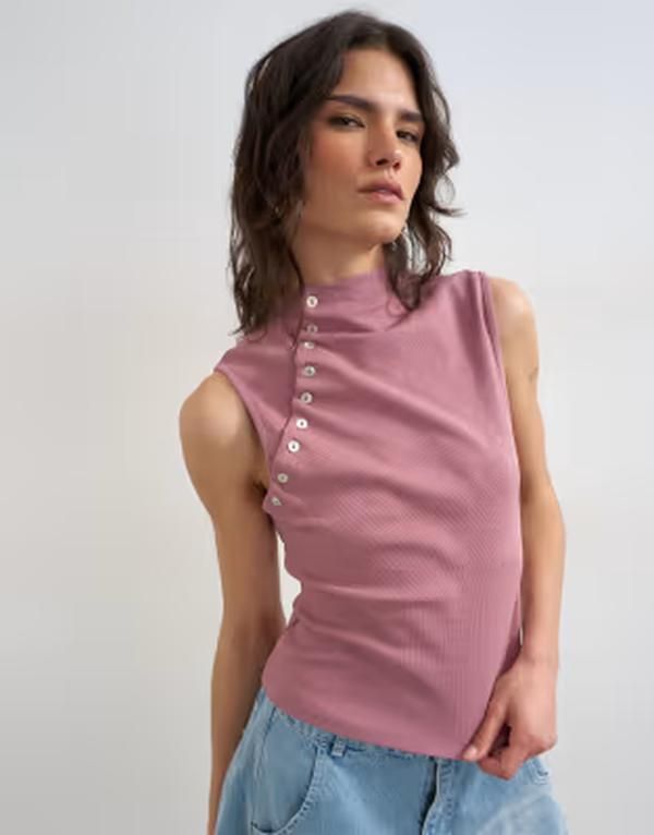 トップショップ レディース トップス Tシャツ アシンメトリー ノースリーブ Topshop asymmetric button detail sleeveless top in mauve
