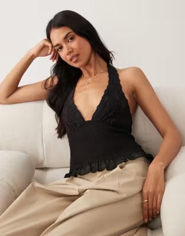 エイソス レディース トップス シャツ メッシュ レース ホルター ASOS DESIGN meshirred halterneck top with lace detail Black ブラック