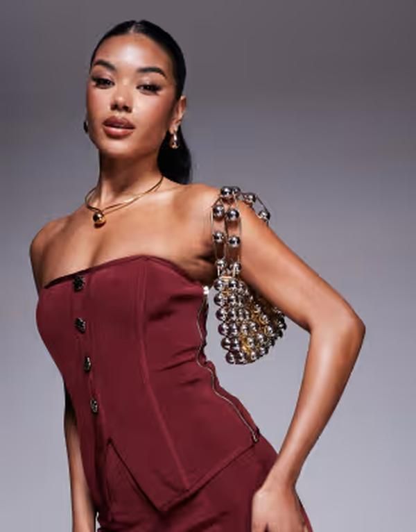 エイソス レディース トップス シャツ ASOS DESIGN bandage bandeau top with gold button detail part of a set Burgundy バーガンディ