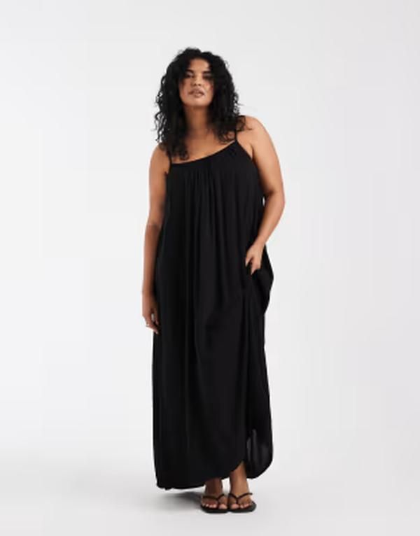 オンリーカーブ レディース トップス ワンピース マキシ ONLY Curve cami maxi dress Black ブラック
