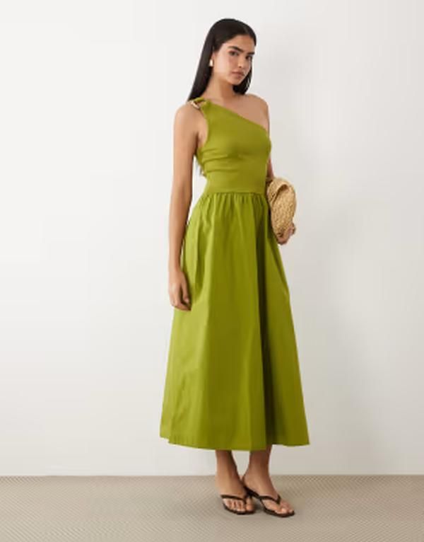 エイソス レディース トップス ワンピース ASOS DESIGN one shoulder midaxi dress withardware trim in olive GREEN グリーン