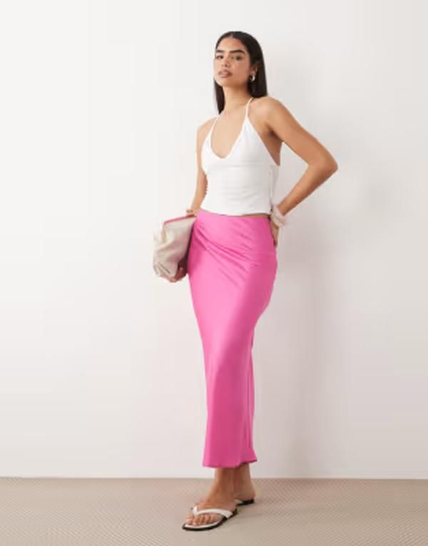 ヴィラ レディース ボトムスカート サテン VILA satin midaxi skirt in bright Fiji flower ピンク