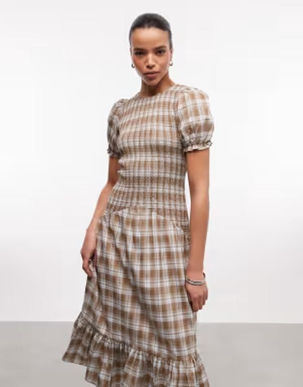 デイジーストリート レディース トップス ワンピース ミディ Daisy Street dropped waist shirred midi dress with puff sleeves plaid BROWN PLAID ブラウン