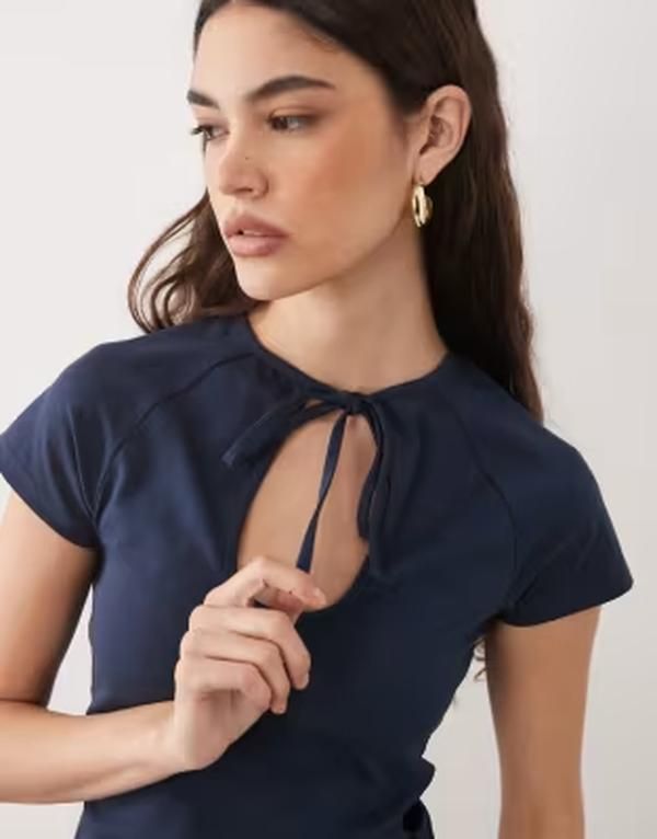 エイソス レディース トップス Tシャツ キャップ ASOS DESIGN cap sleeve with keyhole detail top NAVY ネイビー