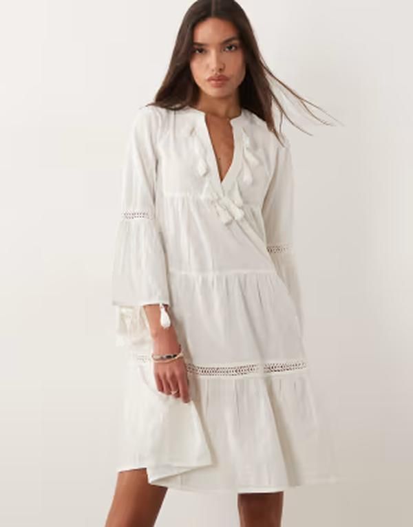 アクセサライズ レディース トップス ワンピース Accessorize flute sleeve kaftan dress WHITE ホワイト