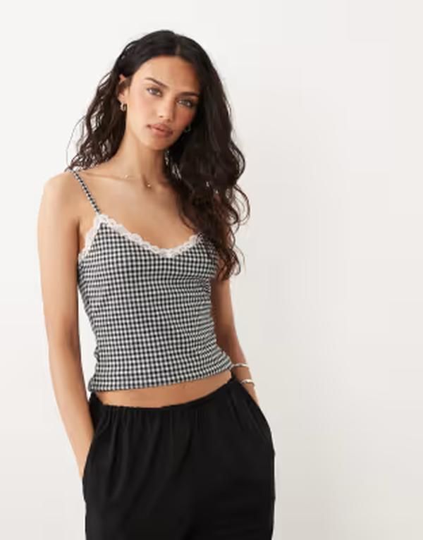 ミスセルフフリッジ レディース トップス シャツ レーストリム ギンガムチェック レース ギンガム Misselfridge gingham cami top with lace trim part of a set Black and white ホワイト
