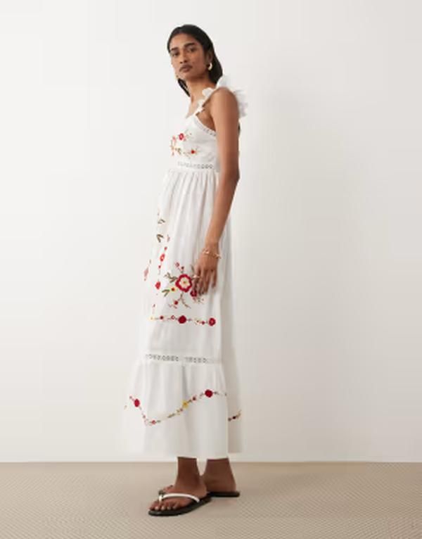 ミスセルフフリッジ レディース トップス ワンピース 刺繍 レース マキシ Misselfridge lace insert embroidered maxi dress WHITE ホワイト