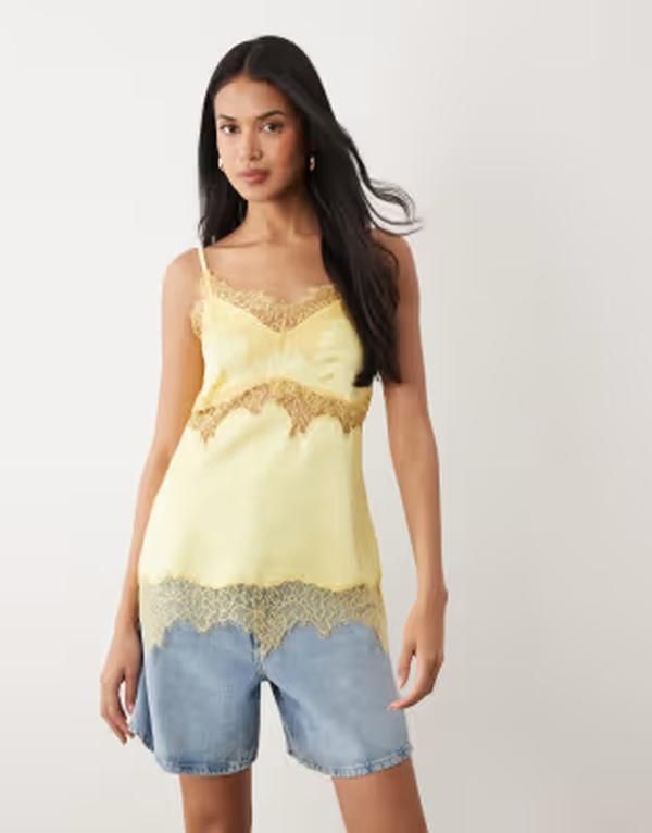 エイソス レディース トップス シャツ レーストリム サテン レース ASOS DESIGN satin lace trim longline cami top in butter yellow Butter yellow イエロー